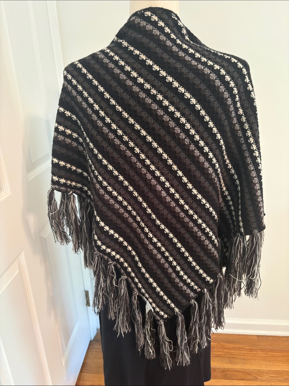 Steve Madden Black and Gray Fringe Shawl Wrap - Picture 2 of 3